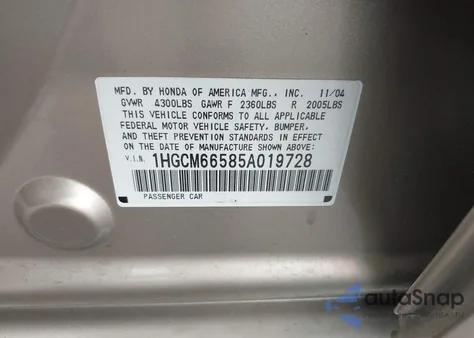 2005 Honda Accord 3.0 Ex from USA, damaged, VIN 1HGCM66585A019728